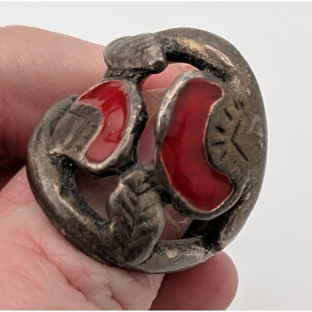 Vintage Artisan Brutalist Floral Silver Tone Ring With Red Enamel Leaf Design Si - Picture 1 of 8